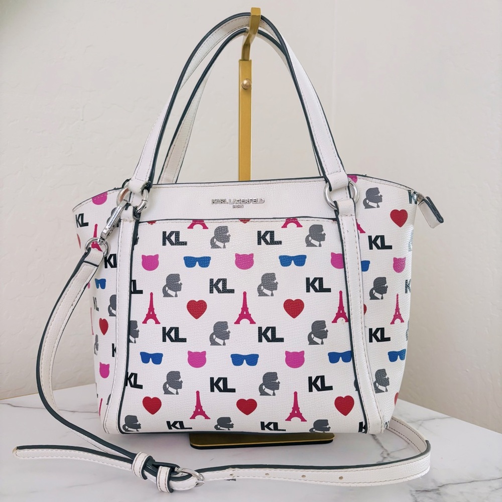 Karl‎ Lagerfeld White Iris and Pink Patterned Women's Maybelle Paris Bag Purse